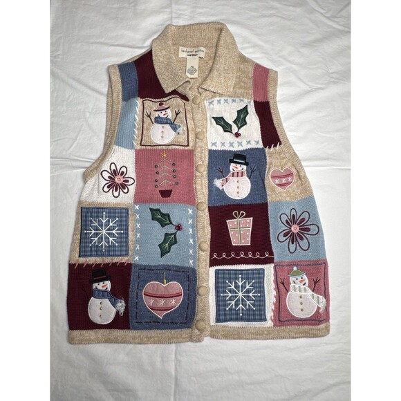 Bechamel Petites PM Christmas Sweater Vest Patchwork Snowman Holiday Retro - Picture 5 of 7